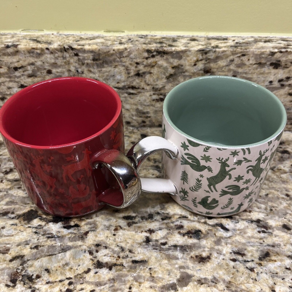 Place & Time Christmas Mugs‎ Red Green Dancing Reindeer & Doves Gold Handles